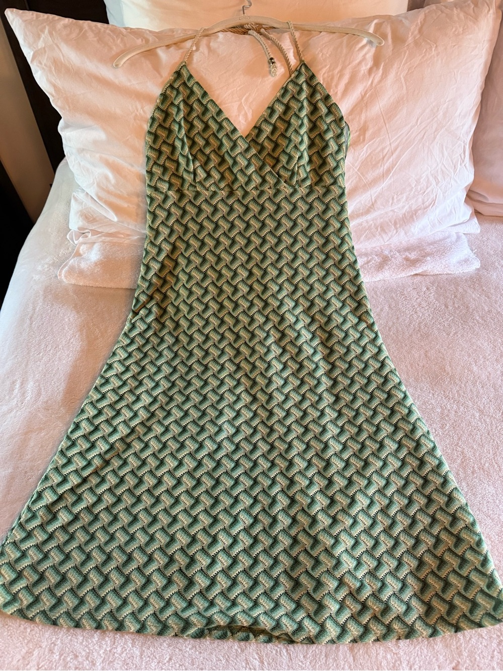 Vintage LOFT Strapless Patterned Green Halter Dress